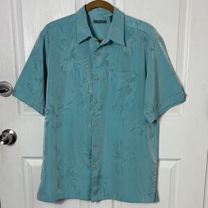 CUBAVERA Teal palm print Hawaiian tropical collar button down shirt size Medium